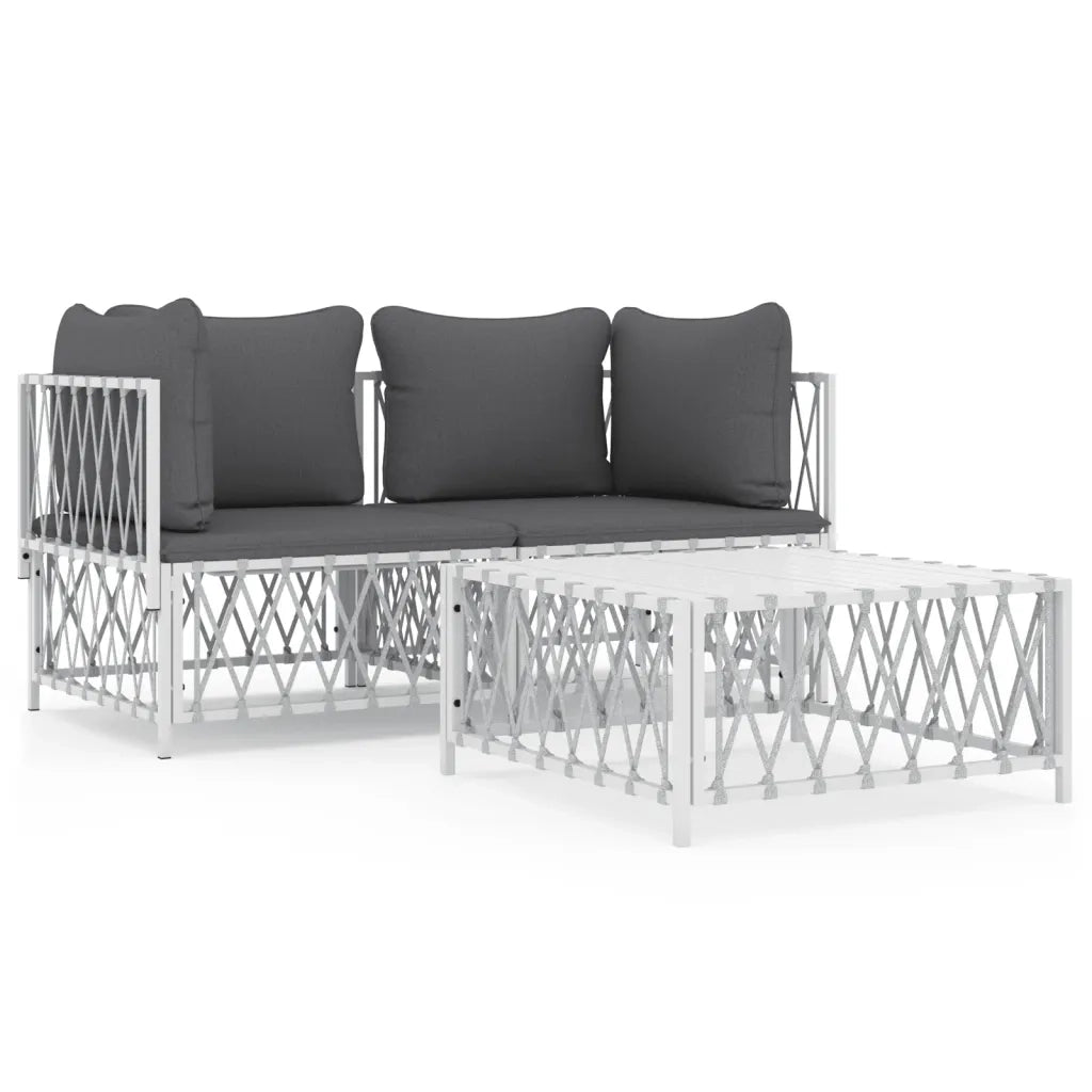 Set Salotto da Giardino 3 pz | Set di Mobili da Esterno con Cuscini in Acciaio Bianco