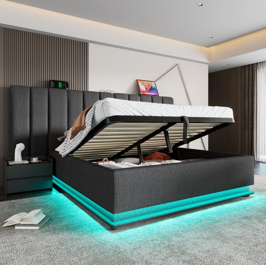 Letto matrimoniale con contenitore 180x200 cm; LED 360°; 3 USB e 1 Type-C; grigio