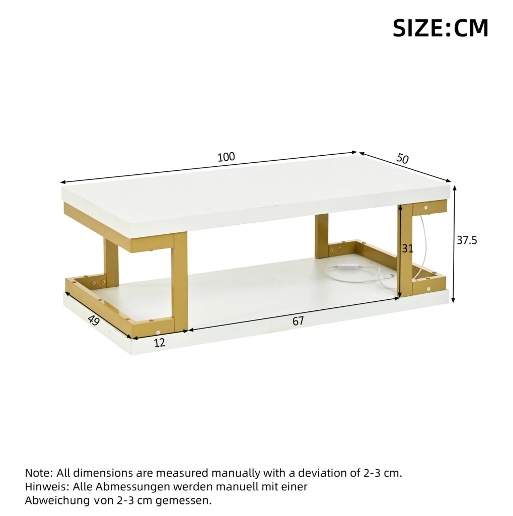 Tavolino da caffè 100x50x37.5 cm con illuminazione LED in MDF e metallo bianco e oro