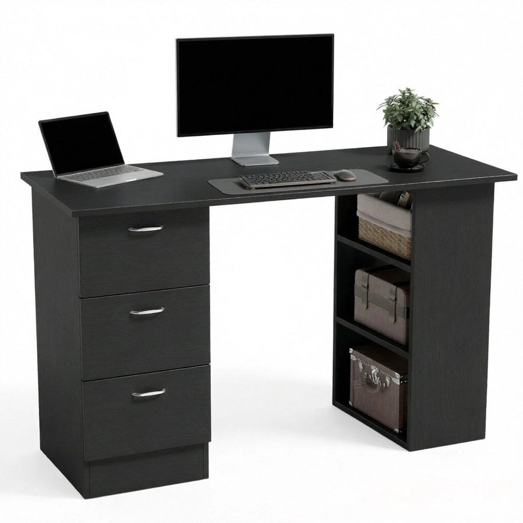 SCRIVANIA Computer 120x49x72 cm MDF Nero con 3 ripiani e 3 cassetti