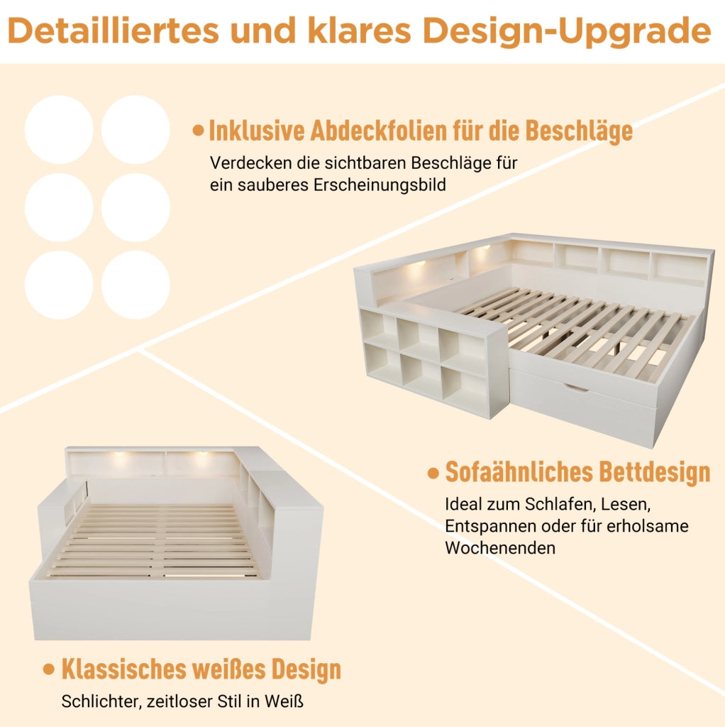 LETTO 140x190 cm con cassetti, USB, Type-C e luci Bianco