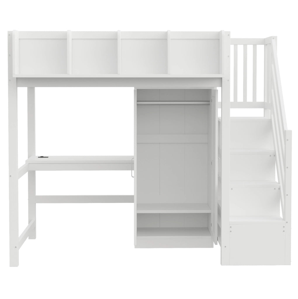Letto a soppalco 90x200 cm con scrivania; armadio; LED e presa; bianco
