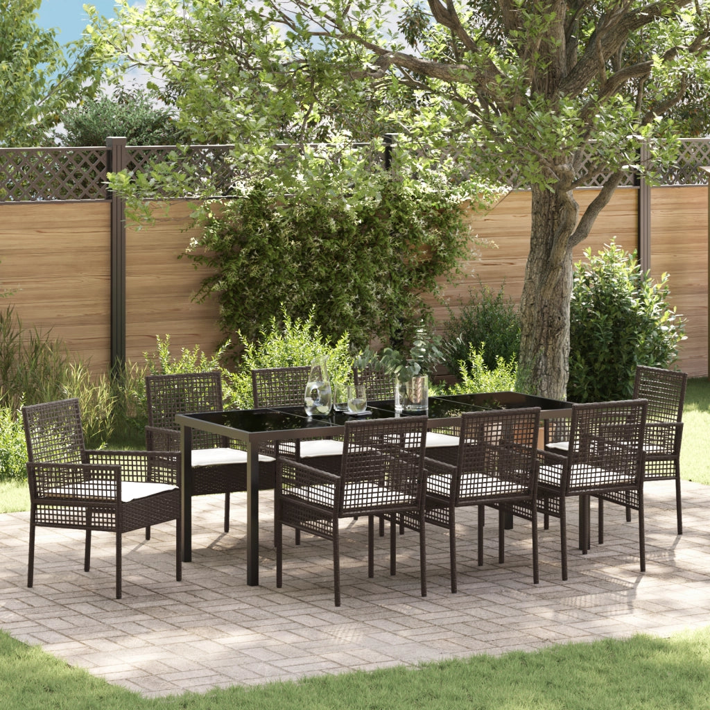Set Pranzo Giardino 9 Pezzi con Cuscini Vimini Marrone