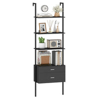 Libreria a scala a 6 ripiani con 2 cassetti e struttura in metallo-Libreria a scala da parete alto 184 cm Nero
