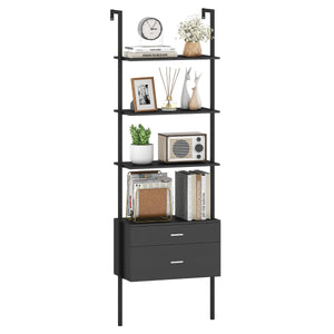 Libreria a scala a 6 ripiani con 2 cassetti e struttura in metallo-Libreria a scala da parete alto 184 cm Nero