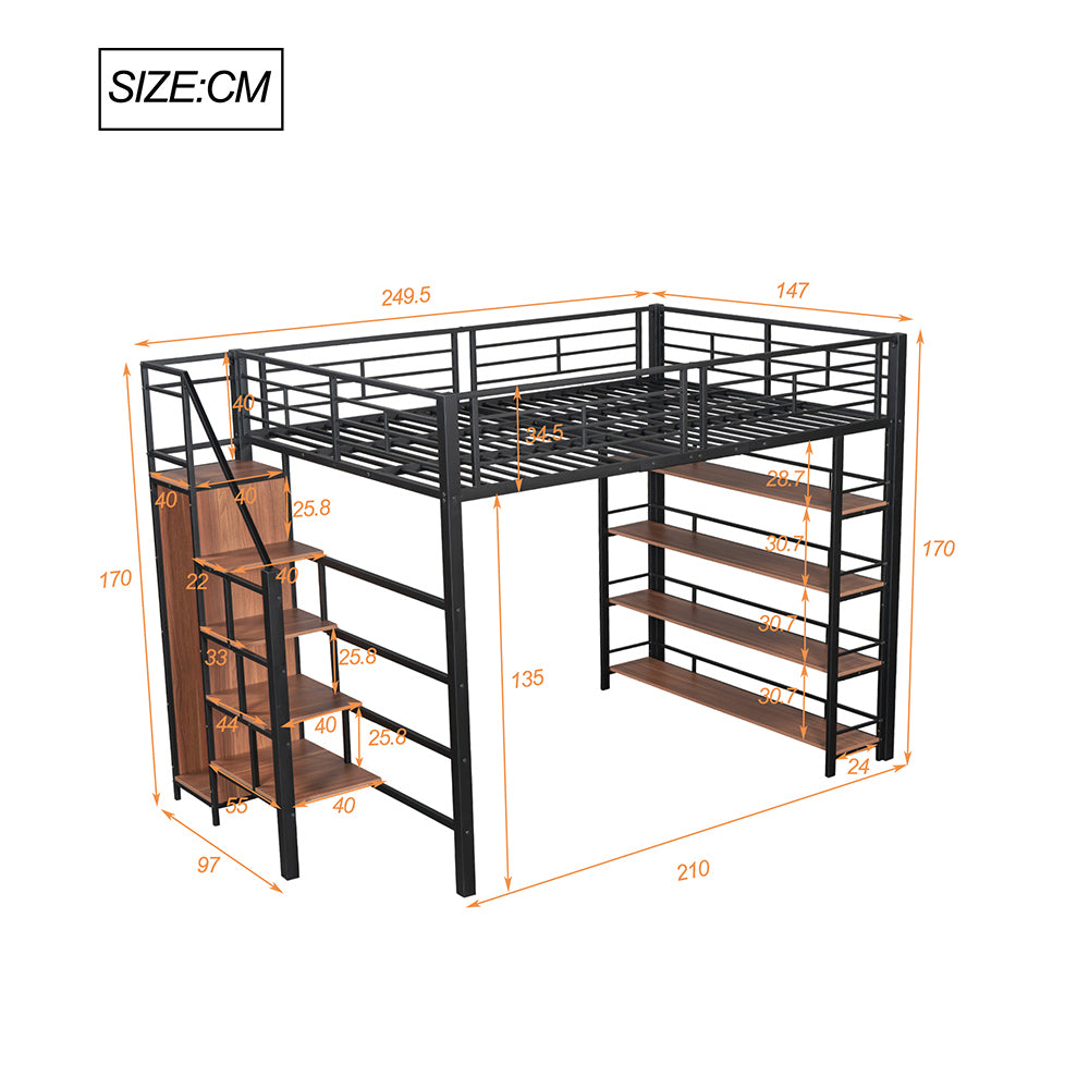 Letto per bambini con telaio in metallo - Xylo - 140x200 cm - Nero - Con ripostiglio e armadio
