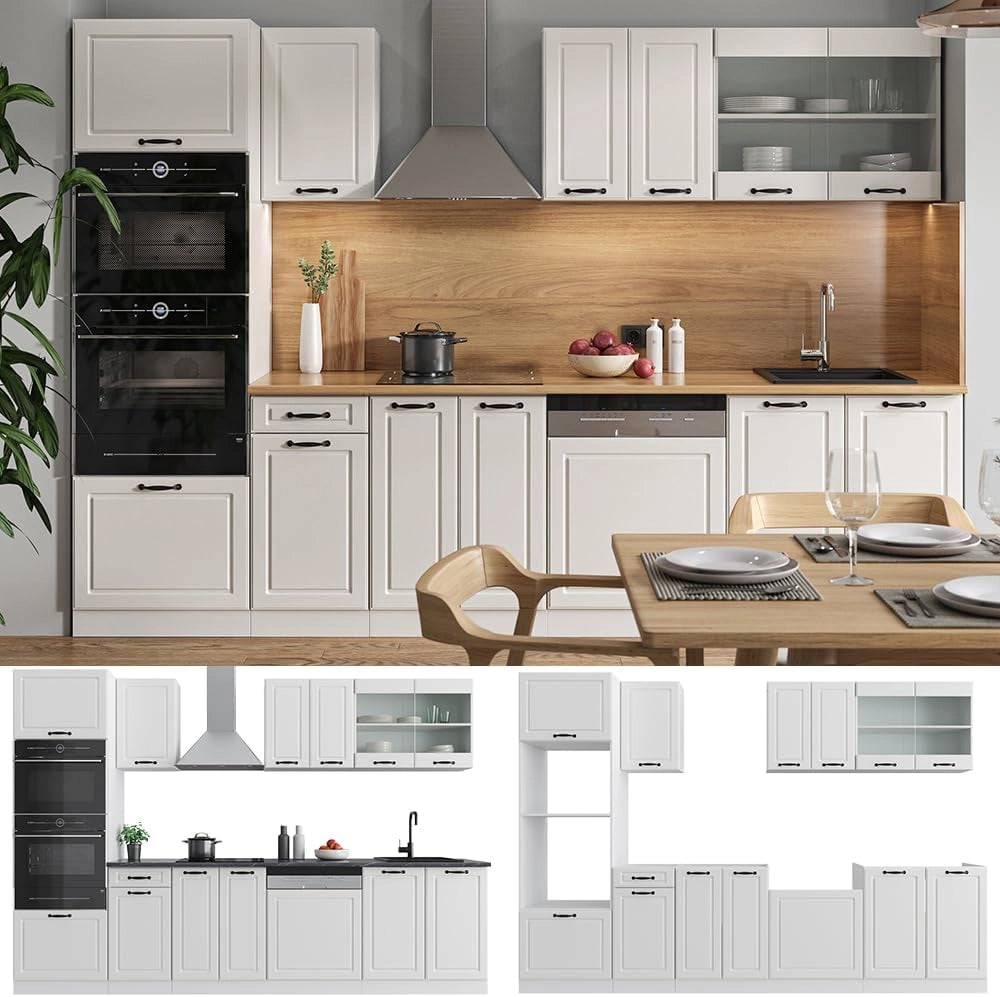 Cucina componibile R-Line, Bianco casa di campagna, 300 cm con armadio alto, senza piano di lavoro, con moduli disposti in modo variabile e piedini regolabili in altezza