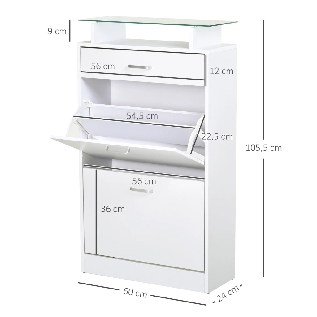 Armadio Scarpiera con Cassetti e Ripiano in Vetro ¨C Zephmum ¨C Bianco 60x24x105,5 cm