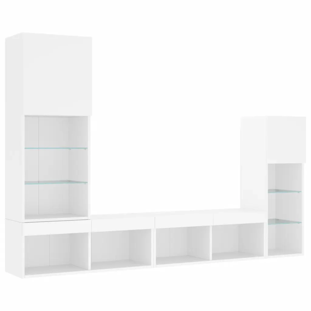 Mobili TV a Muro con LED 4pz Bianchi in Legno Multistrato