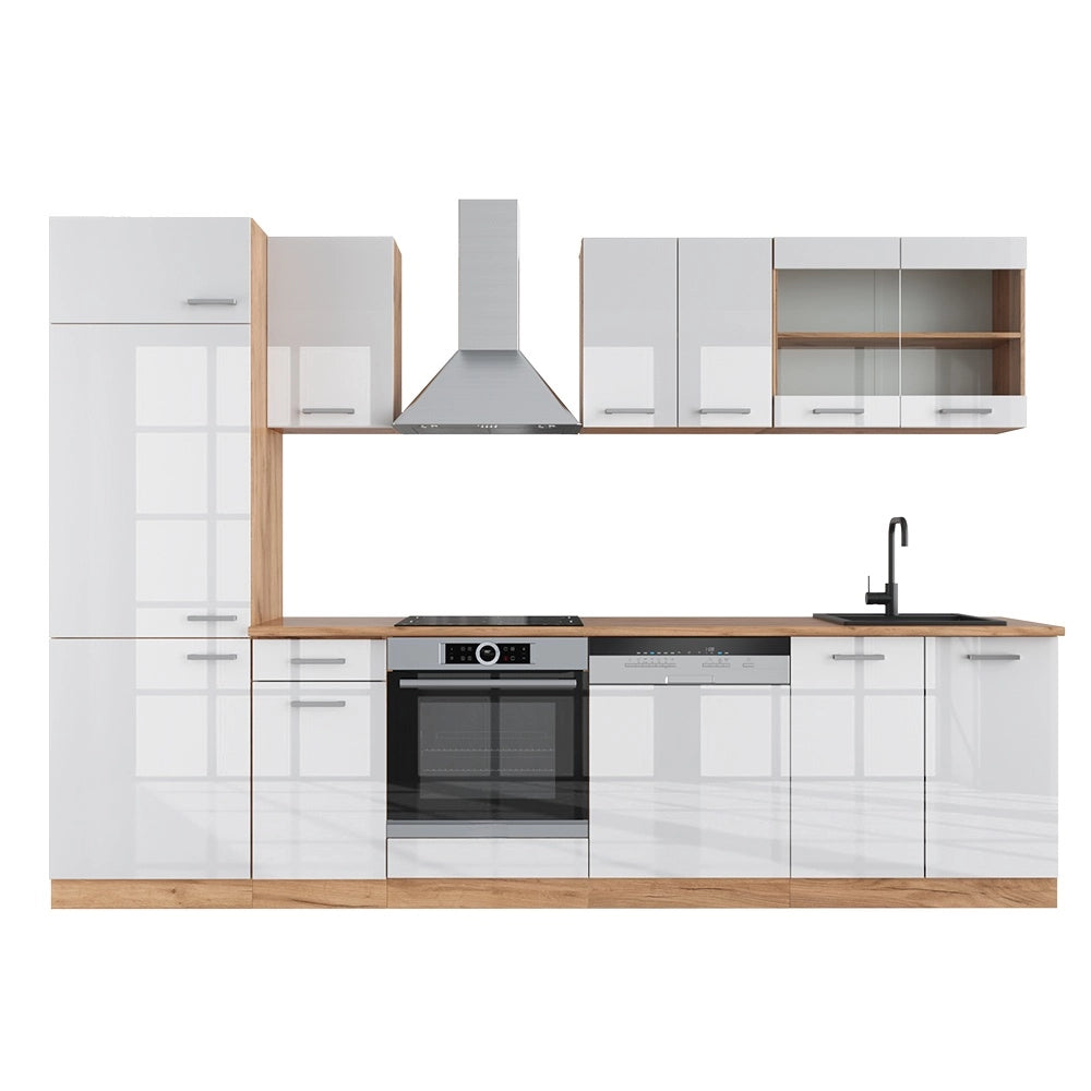 Cucina componibile R-Line Bianco lucido/Rovere dorato 300 cm senza piano di lavoro Vicco