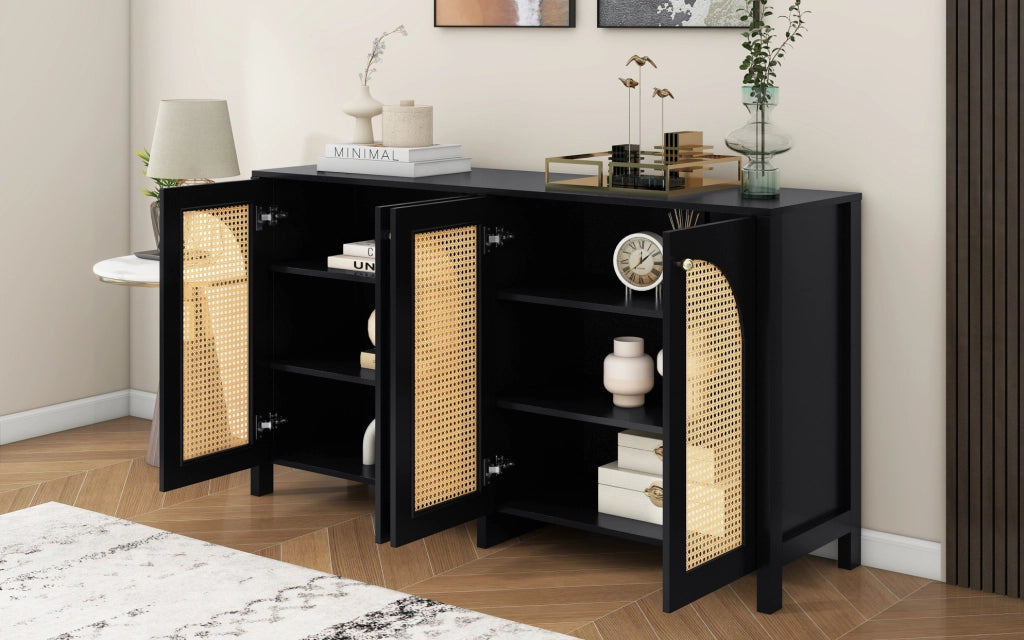 Sideboard moderno minimalista con 4 ante in rattan artificiale nero e maniglie in metallo