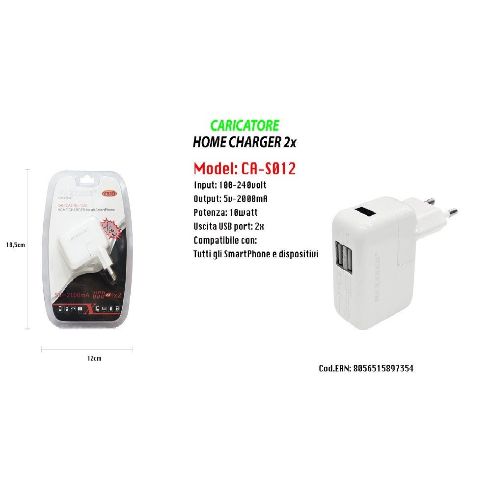 Trade Shop - Caricatore Presa Spina 2 Usb Ultra Ricarica Smartphone 5v-2100ma Maxtech Ca-s012 -