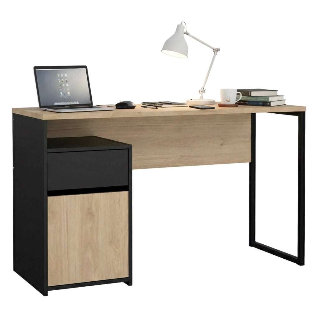 Scrivania Mele, Scrittoio multiuso, Tavolo per ufficio porta PC, Piano di lavoro, 130x48 h77 cm, Rovere e Nero