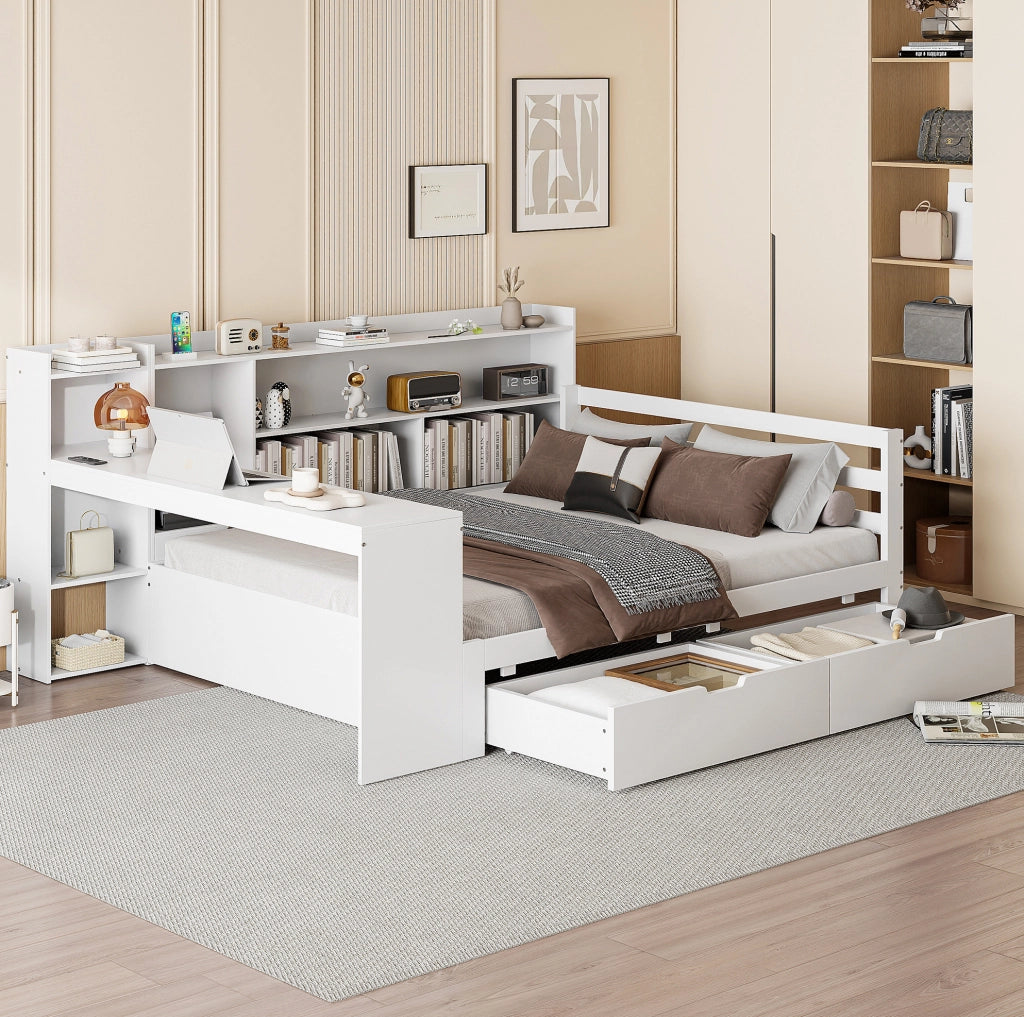Divano letto 140x200 cm multifunzionale con scrivania e presa in legno bianco