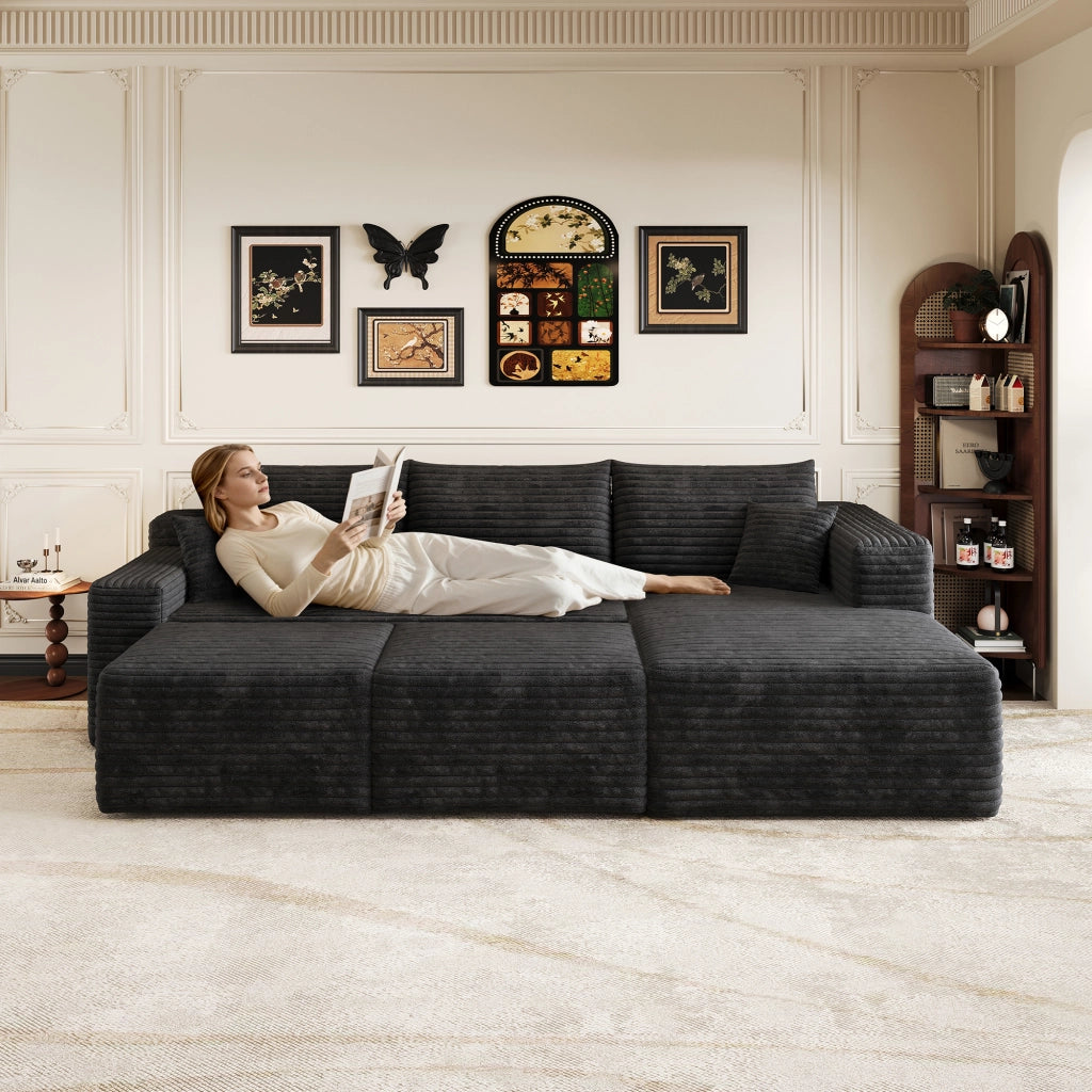 Divano ad angolo in tessuto con seduta profonda e montaggio rapido senza attrezzi in velluto a coste nero 241 × 151 × 58 cm