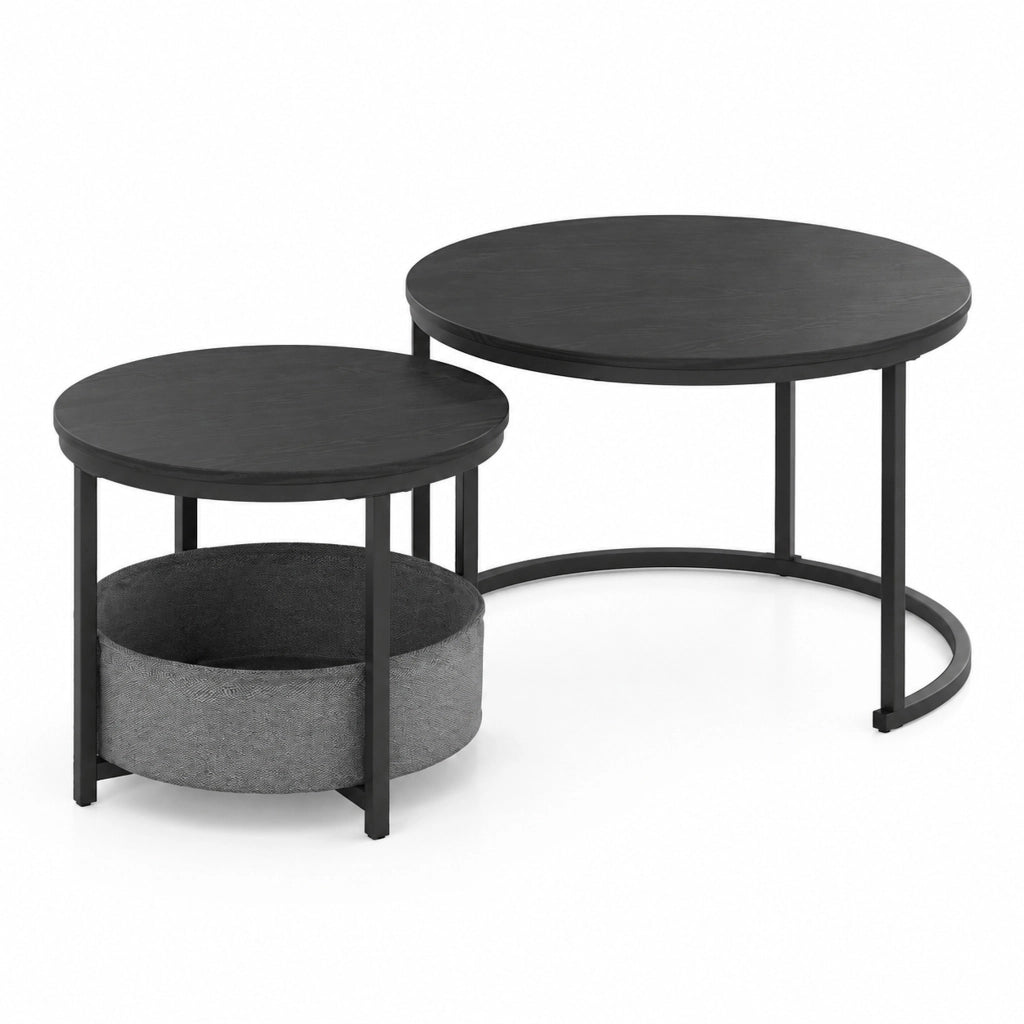 Set di tavolini rotondi 73.5x73.5x9 cm impilabili con tasca portaoggetti in metallo e legno nero antico