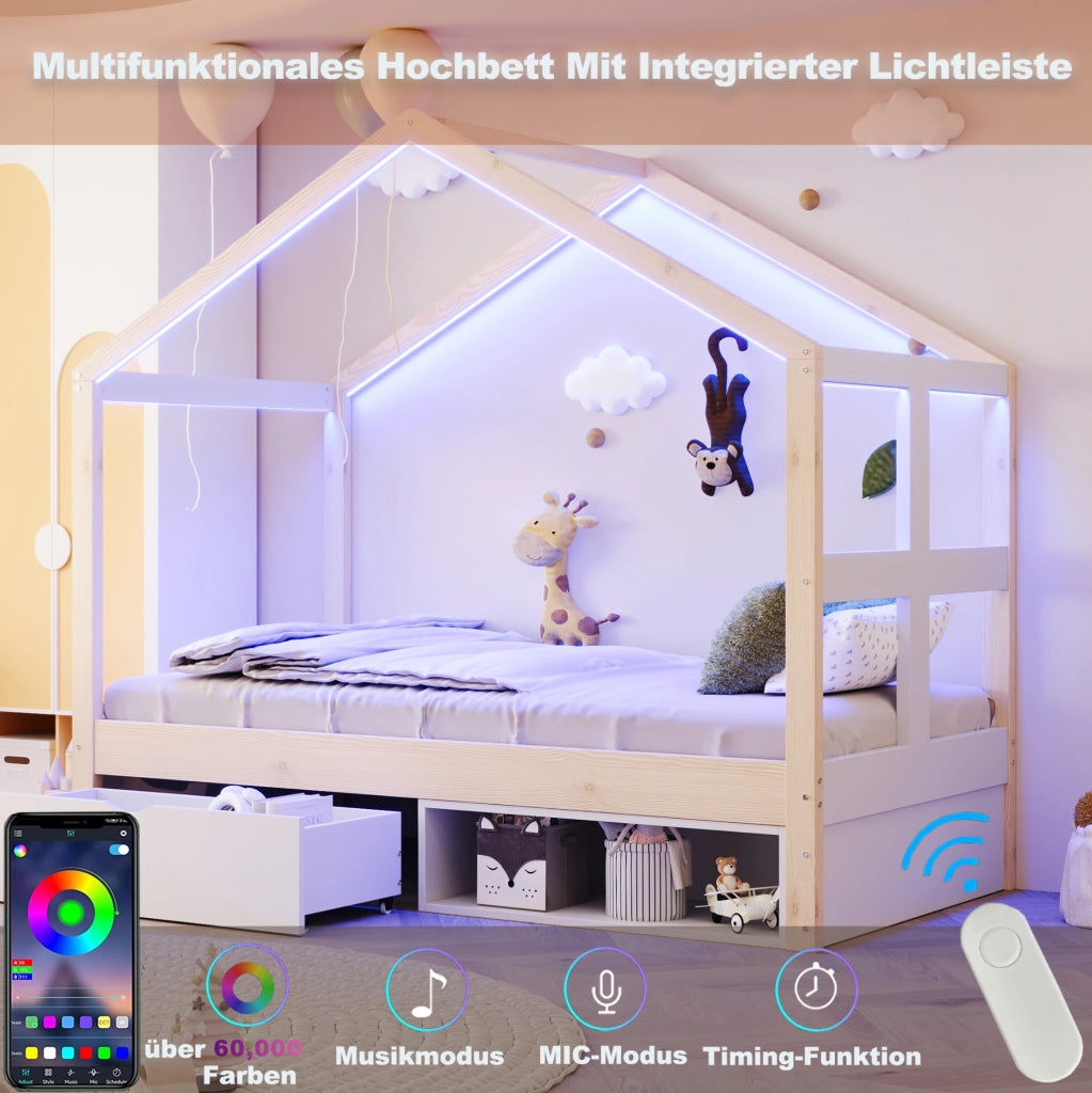 Letto singolo a casetta 90x190 cm in legno naturale con cassetto; scarpiera e LED