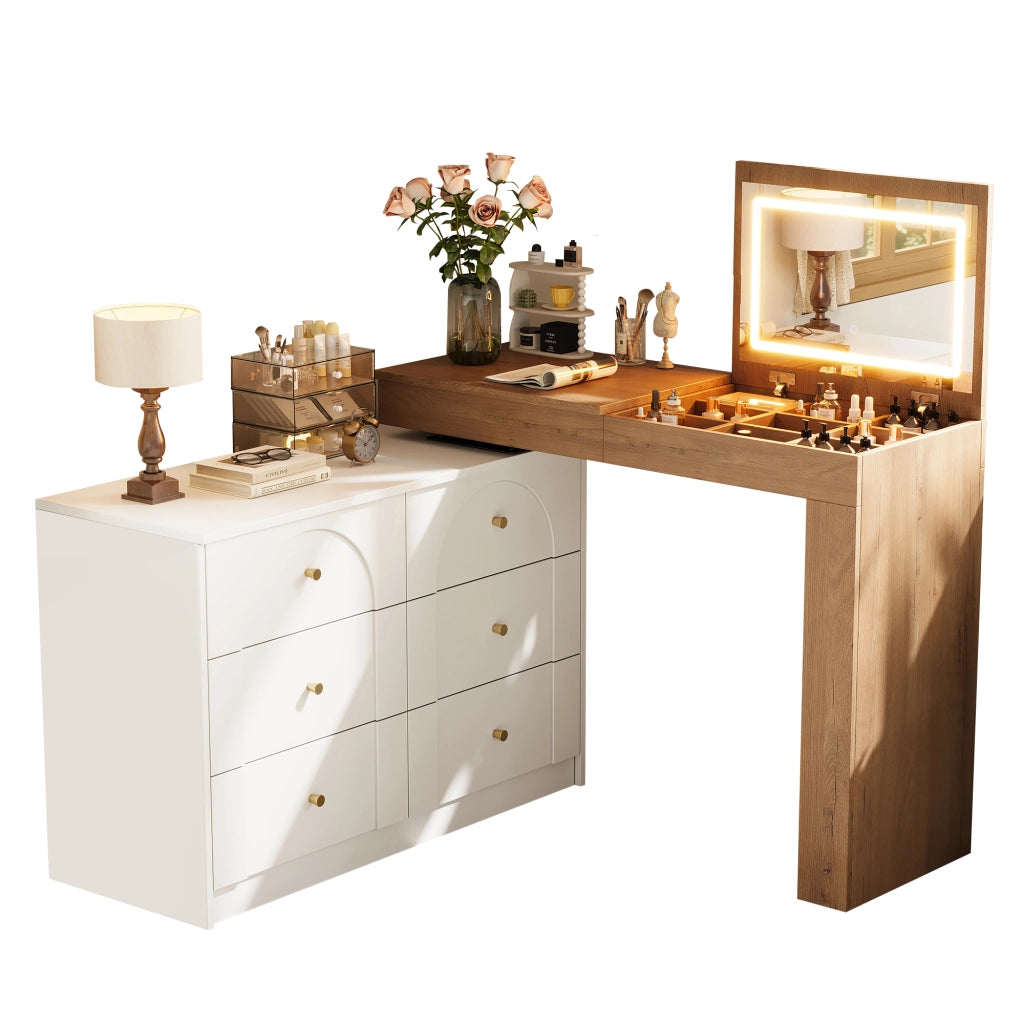 Tavolo da toeletta girevole con specchio LED, scrivania 2 in 1, Bianco + effetto legno, 105¡Á40¡Á80 cm