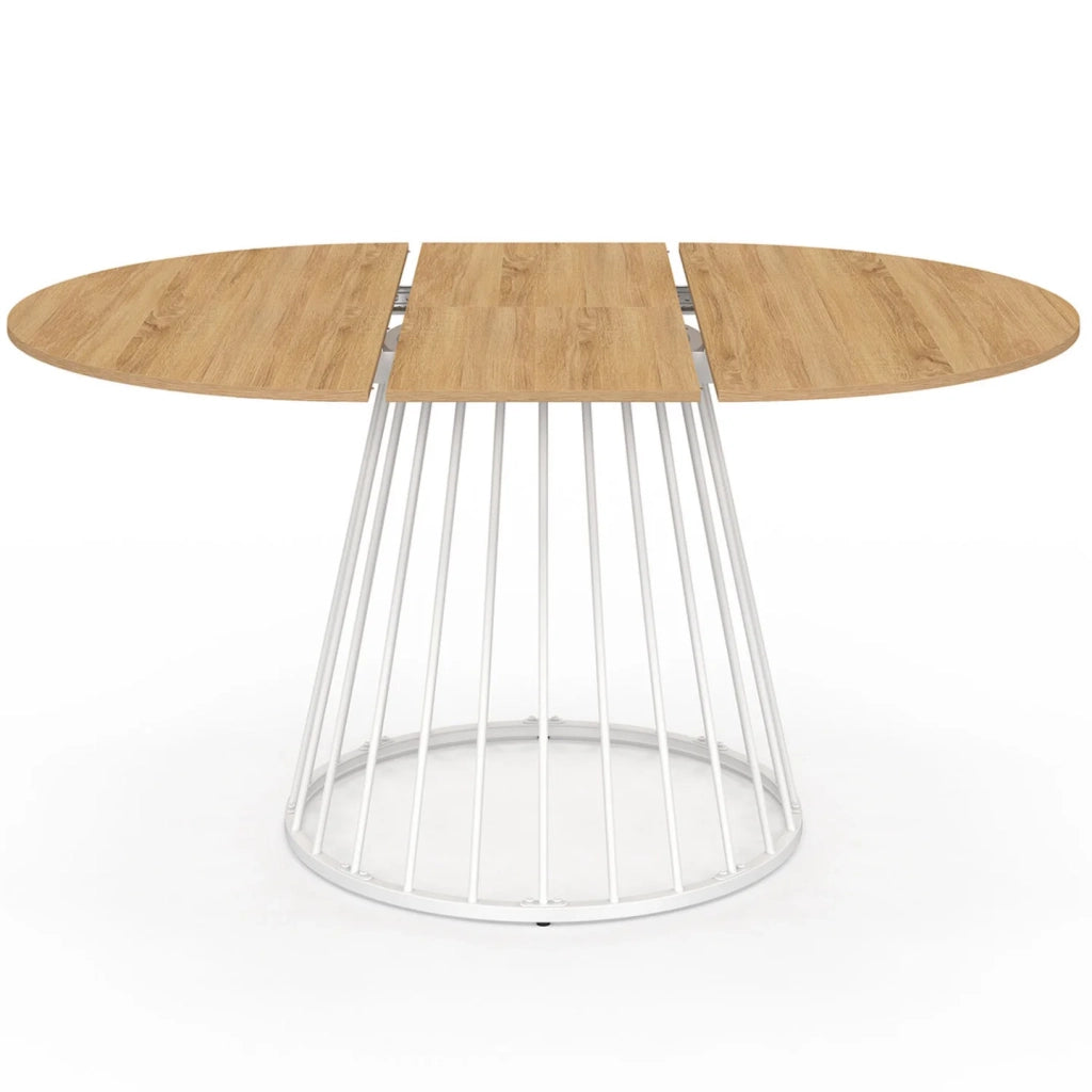 IDMarket - Tavolo da pranzo rotondo allungabile YUNA per 4-8 persone con piano in legno e gamba in filo metallico bianco 110 - 150 cm
