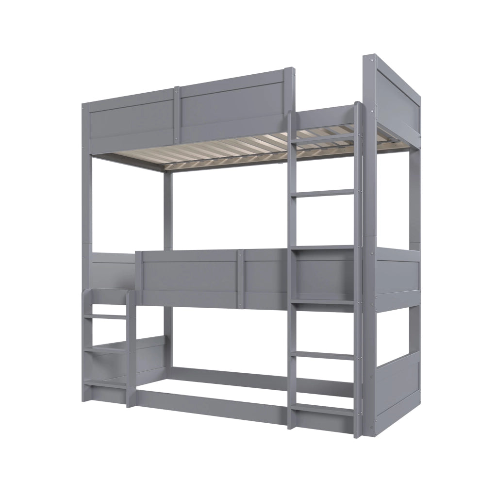 Letto a castello grigio in legno massello 90x200 cm con tre piani e parapetto alto