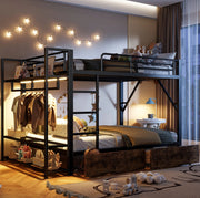 Letto a castello 140x200 cm in metallo e MDF con LED; 2 cassetti e ripiani; nero