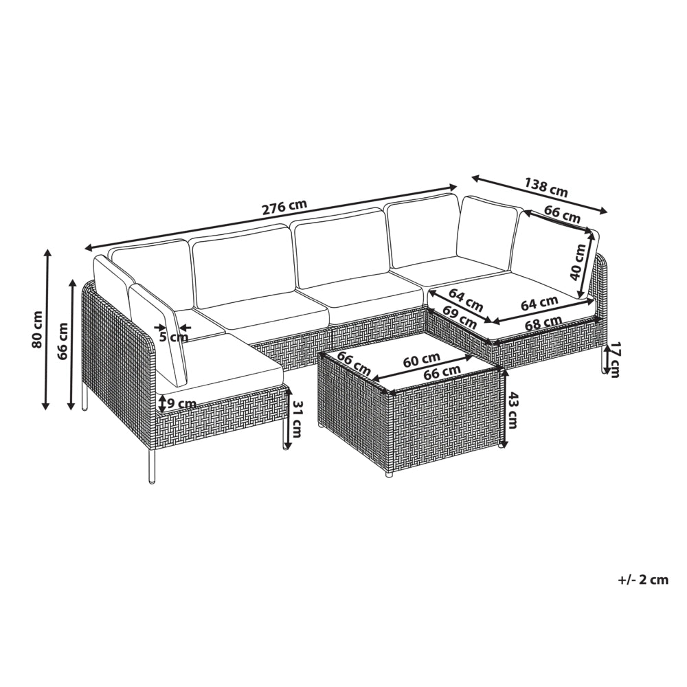Divano modulare da giardino a forma di U beige chiaro in rattan PE 6 posti con tavolino in vetro struttura in metallo e cuscini stile moderno