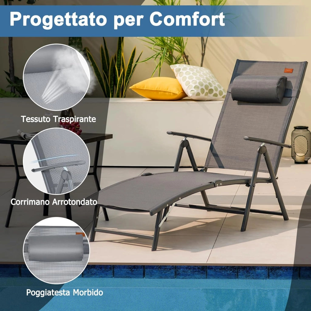 Lettino Prendisole Pieghevole, Schienale Regolabile in 7 Posizioni, Sdraio da Giardino in Textilene con Braccioli, Poggiatesta, Capacità di 150 kg, 142 x 61 x 103 cm (Grigio)