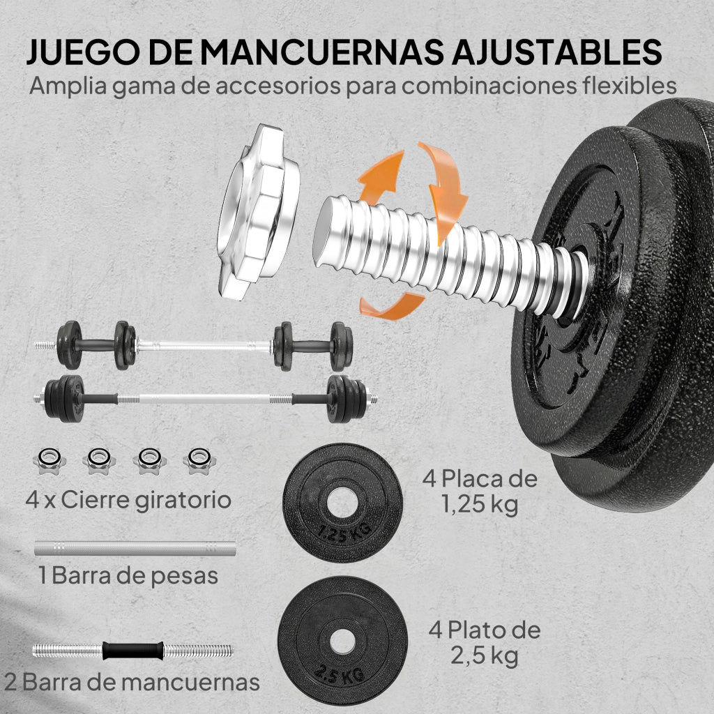 Set Manubri Regolabili 20kg 2in1 ¨C Xylo ¨C Con Barra Dritta Collegamento Impugnature Antiscivolo
