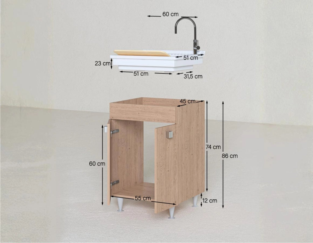 Mobile lavatoio Irene - Con 2 anta e lavatoio - Contenitore salvaspazio per bagno e lavanderia - Bianco - 60 x 89 x 51 cm_
