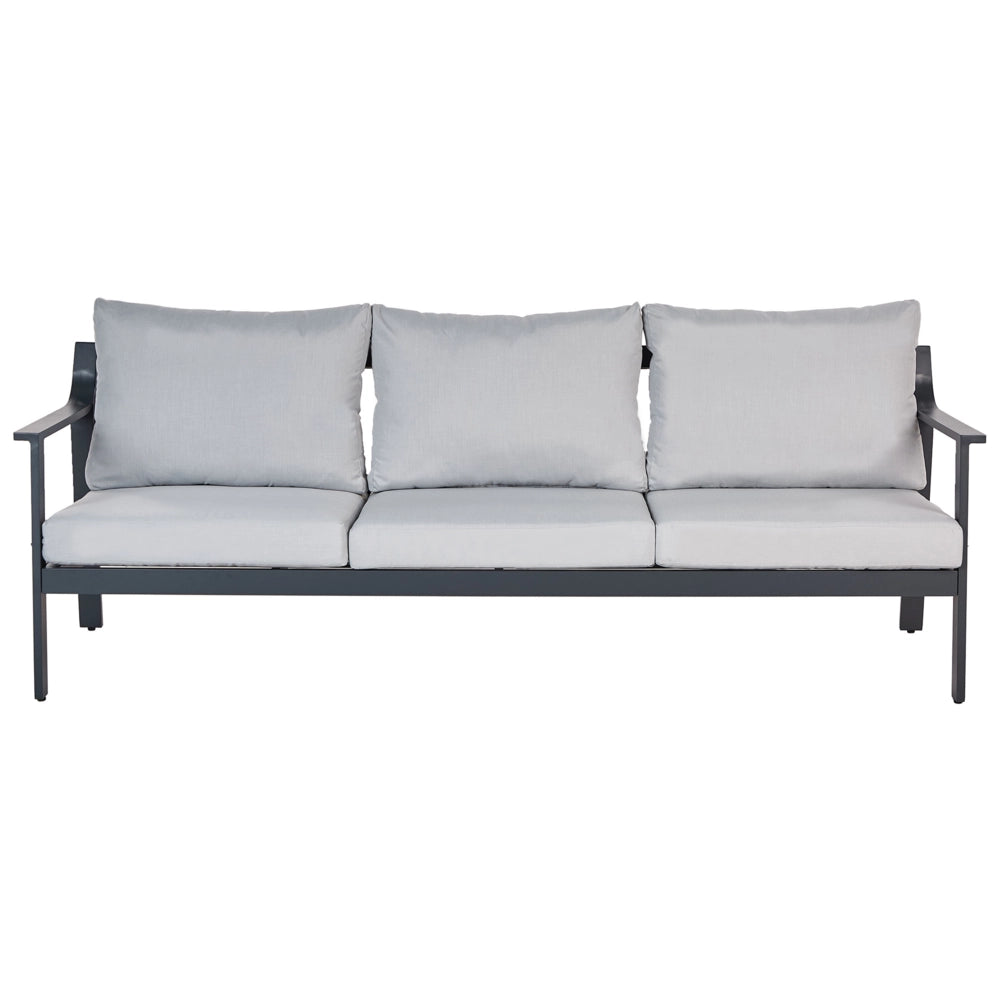 Divano da giardino 3 posti in alluminio con spessi cuscini idrorepellenti in grigio chiaro stile moderno scandinavo