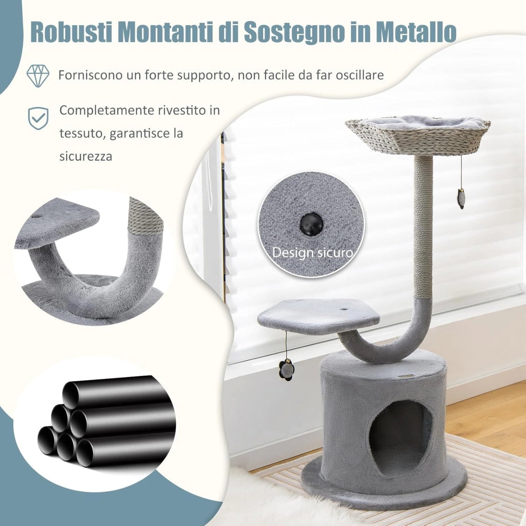 Albero per Gatti da Interno, Albero Tiragraffi per Gatti 106 cm con Telaio Curvo in Metallo, Torre per Gatti Multifunzionale a 3 Livelli con Palline