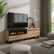 Mobile TV, 200x35x57cm, soggiorno, Per TV fino a 80", Camino elettrico, Design industriale, colore Rovere e nero RF2146