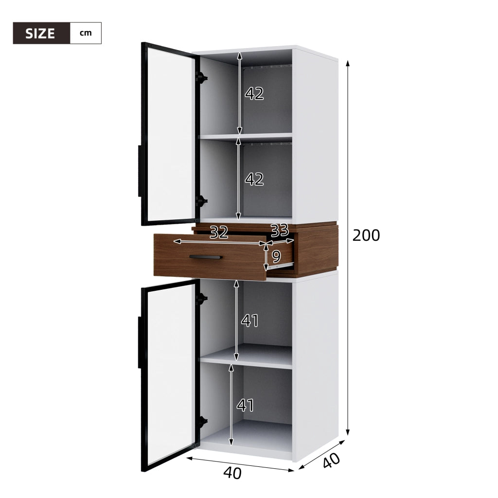 Vetrina in mdf con led e 2 ante in vetro temperato, 1 cassetto, per soggiorno e studio, bianco, 40 × 40 × 200 cm