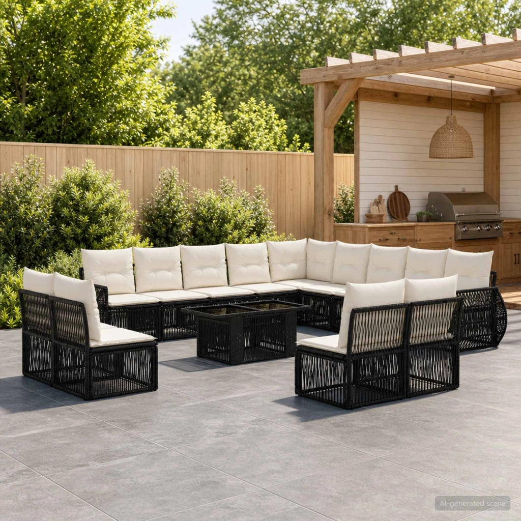 Set Divano da Giardino 14 pz Nero e Bianco Crema polyrattan 3437020