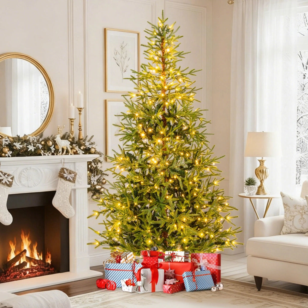 Albero di 210 cm natale artificiale pre-illuminato con luci led calde e multicolori, Albero base metallica pieghevole-Alberi di Natale