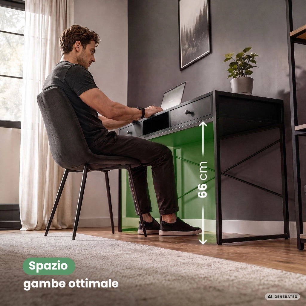 Scrivania industriale per computer Nera ELONIS 123 cm 2 cassetti 1 ripiano gambe nere