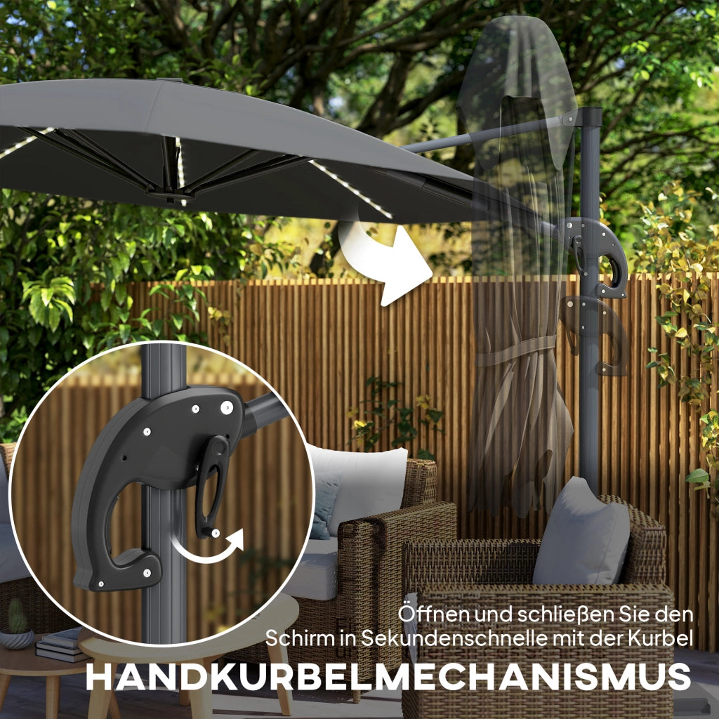 Parasole a sbalzo LED Solar ?300 cm Altezza Parasole regolabile con piepiedi UV50+ Grigio scuro