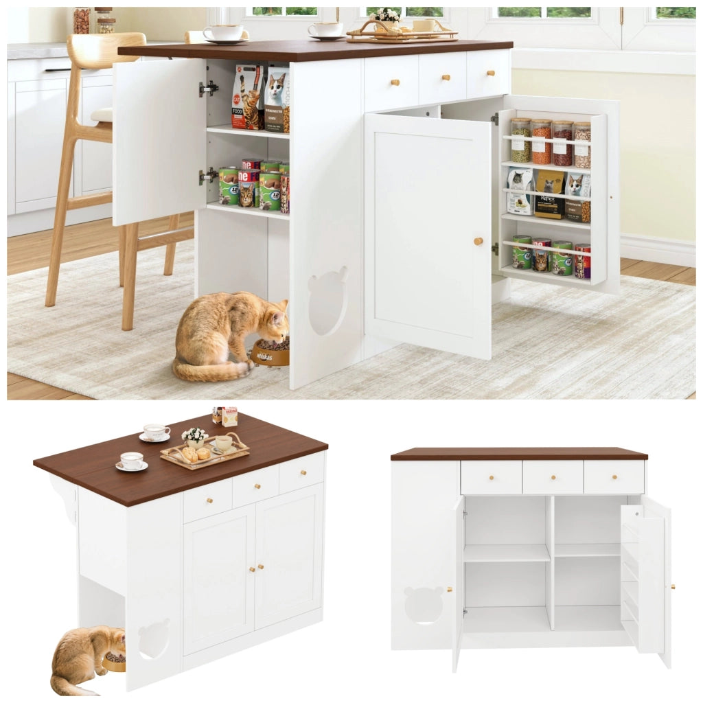 Carrello da Cucina con 3 Cassetti e 2 Ante; Piano Estensibile; Portaspezie e Zona per Animale; MDF; Bianco Noce; 120x40x90 cm