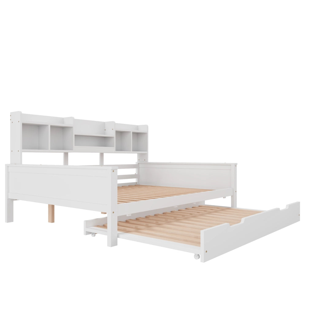OKWISH Letto Divano 140×200 cm, Letto Matrimoniale con Letto Estraibile 90×190 cm, Contenitore e Mensole, senza Materasso, Legno, Bianco