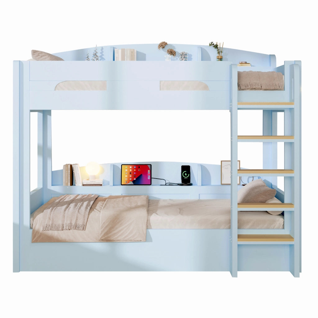Letto a castello 90x200 cm con USB e vani portaoggetti; blu
