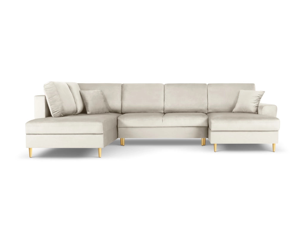 Cosmopolitan Design - Divano panoramico convertibile sinistro con contenitore "Kyoto" 7 posti in velluto beige chiaro 
