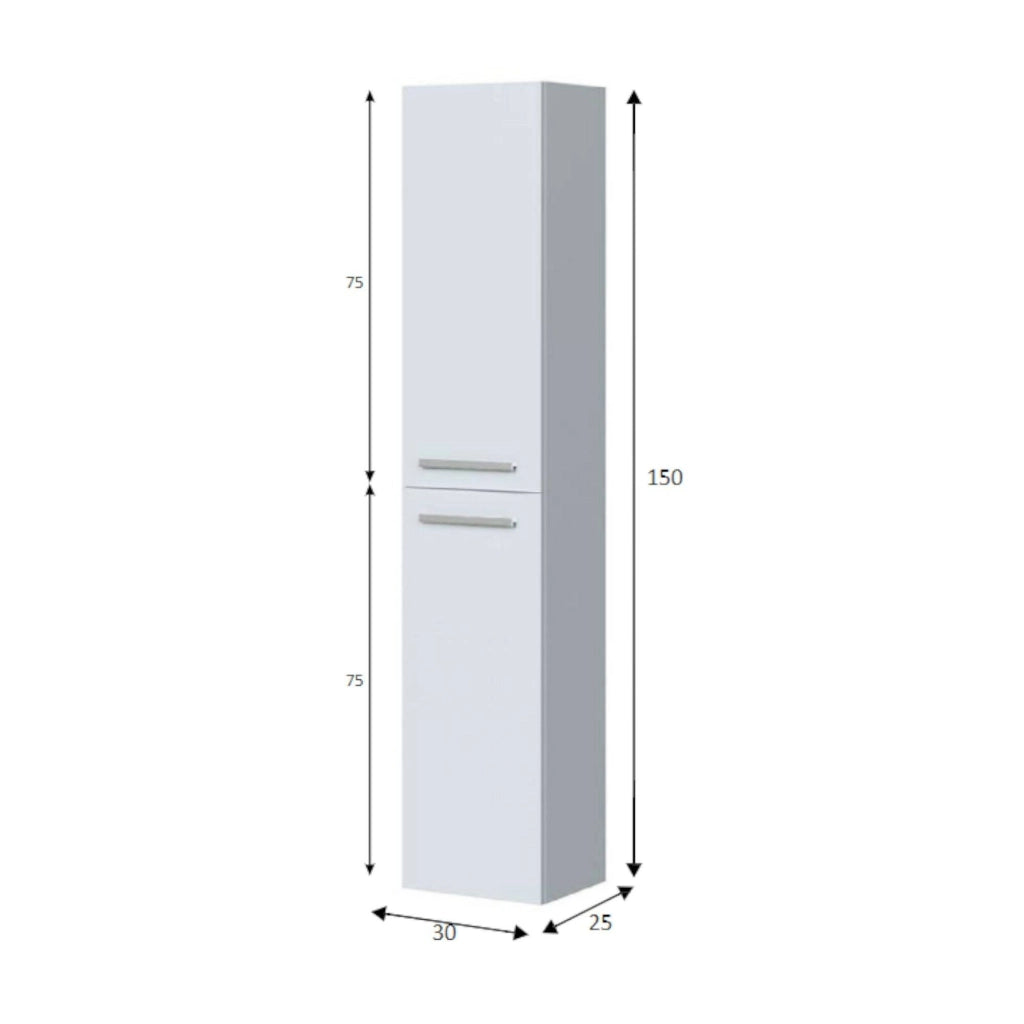 Colonna bagno Notte, Mobile a colonna per bagno a 2 ante, Armadio pensile sospeso con 2 ripiani, 30x25h150 cm, Bianco lucido