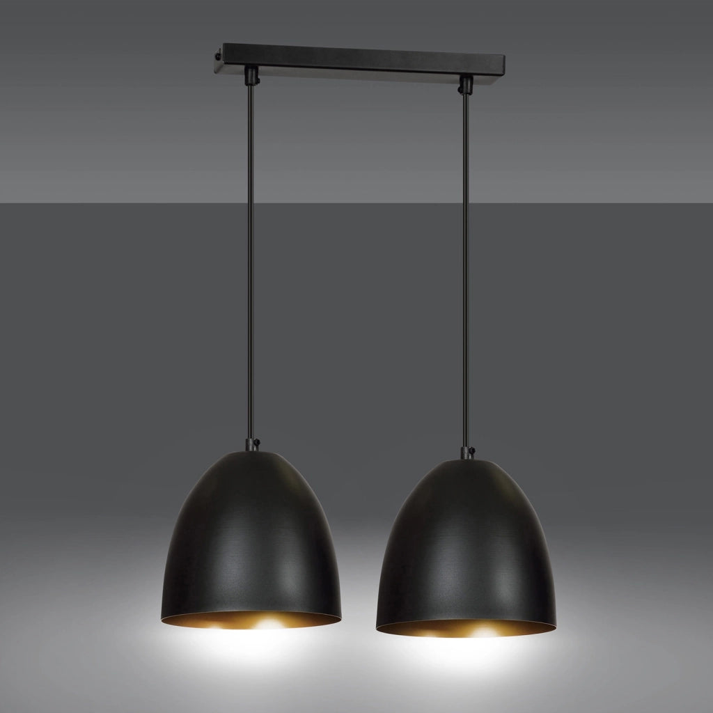 Lampadario 2 Luci Vigore In Acciaio Nero Con Cupole In Nero E Oro