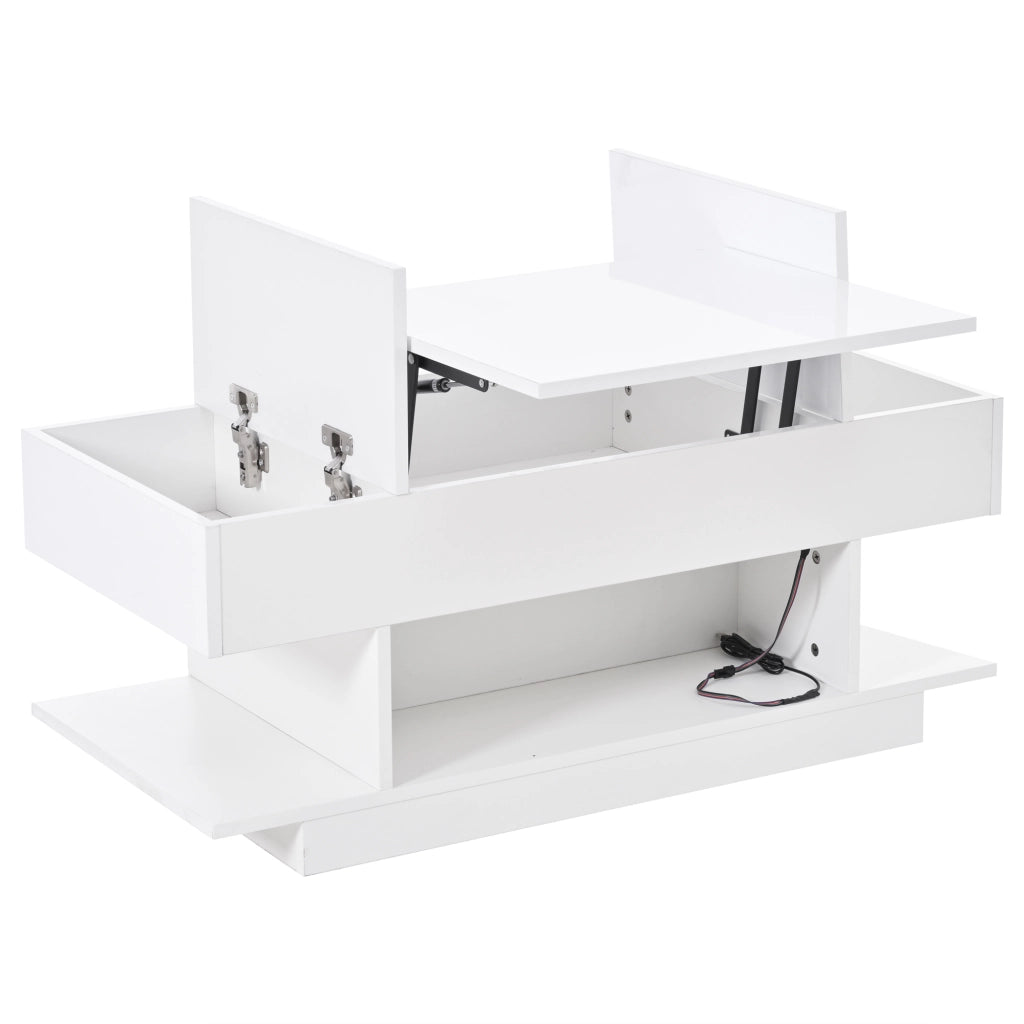 Tavolino da salotto 98x45x40 cm; elevabile con LED e vani contenitori; truciolato bianco