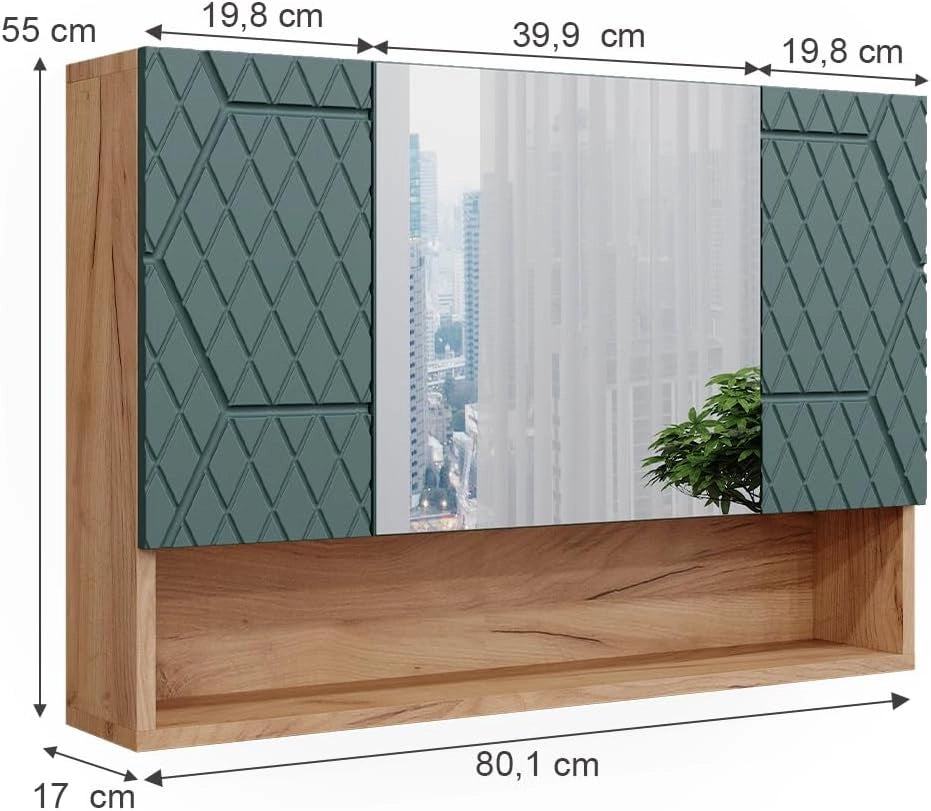 Mobile da bagno con specchio Irma, Quercia verde/oro, 80.1 x 55 cm, con specchio e ripiani aperti per montaggio a parete