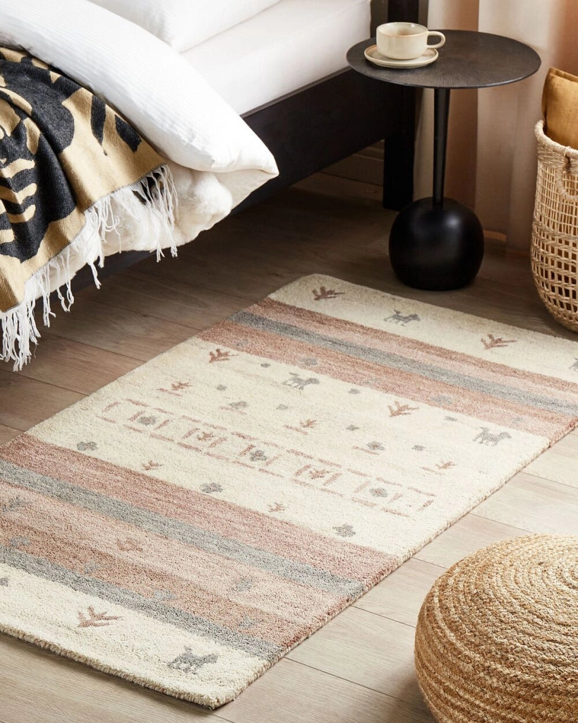 Tappeto Gabbeh in lana beige e marrone con motivo geometrico 80 x 150 cm stile boho soggiorno camera da letto