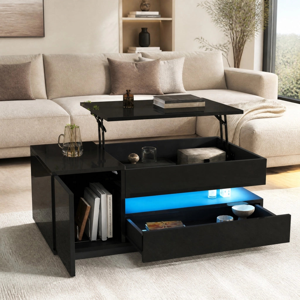 TAVOLINO DA SALOTTO 95x50x40 cm Nero Lucido sollevabile con LED e 1 cassetto
