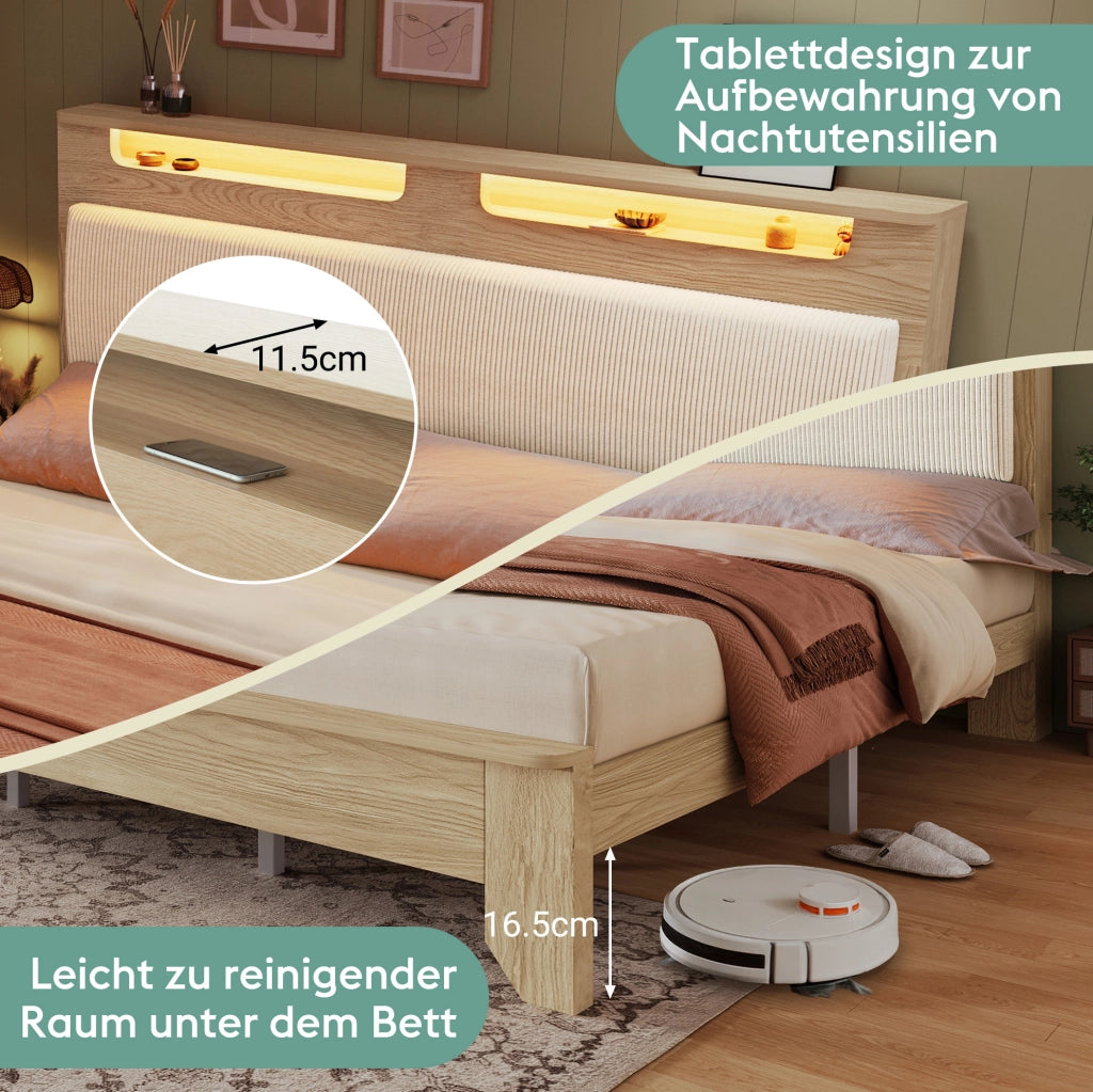 Letto matrimoniale 160x200 cm con LED e testiera contenitore