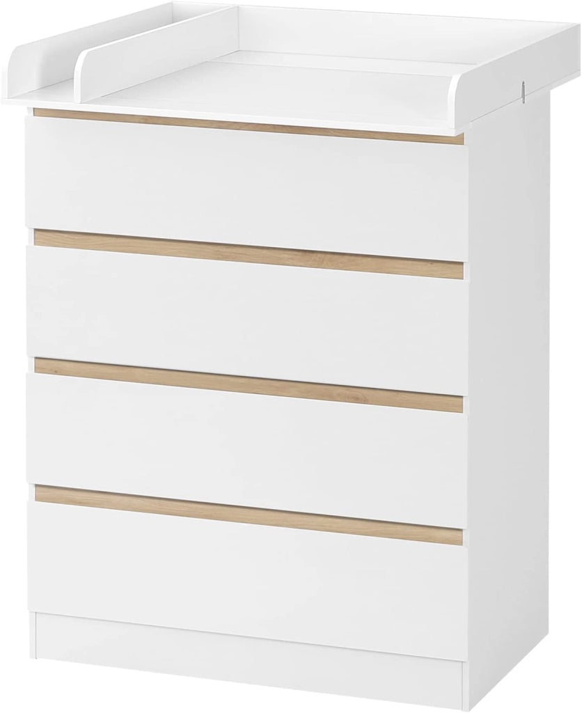 Mobile Fasciatoio per Bambini, Cassettiera con 4 Cassetti, Cassettone con Ripiano Fasciatoio Rimovibile, in Legno MDF e Truciolare, Bianco+Rovere