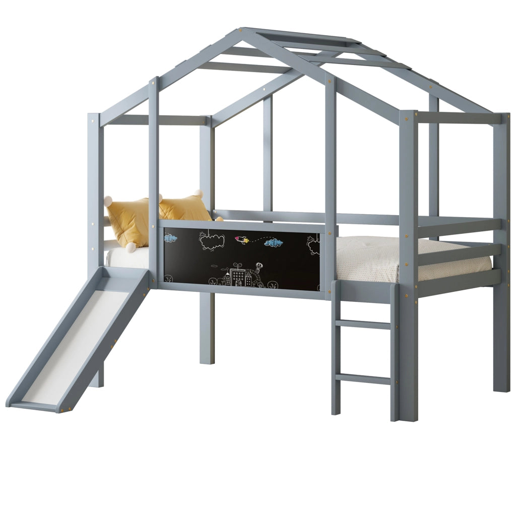 Letto a castello in legno massello grigio con scivolo e lavagna integrata 90x200 cm
